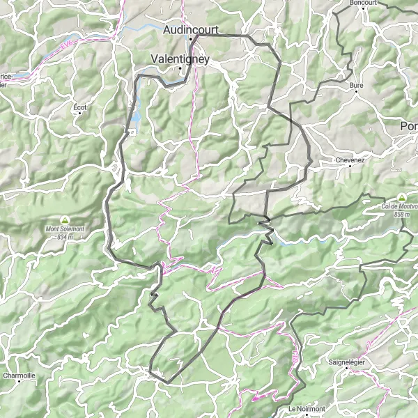 Miniature de la carte de l'inspiration cycliste "Circuit Maîche - Roche de Ruan" dans la Franche-Comté, France. Générée par le planificateur d'itinéraire cycliste Tarmacs.app