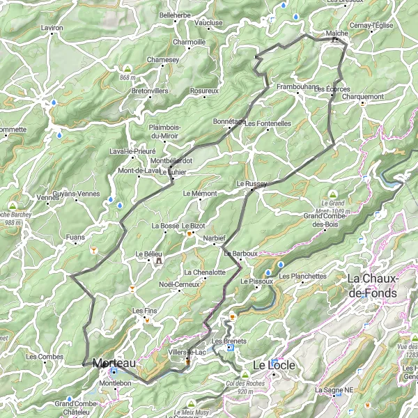 Miniature de la carte de l'inspiration cycliste "Tour Roche de Ruan - Mancenans-Lizerne" dans la Franche-Comté, France. Générée par le planificateur d'itinéraire cycliste Tarmacs.app