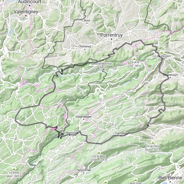 Miniature de la carte de l'inspiration cycliste "Parcours des Cols Jurassiens" dans la Franche-Comté, France. Générée par le planificateur d'itinéraire cycliste Tarmacs.app