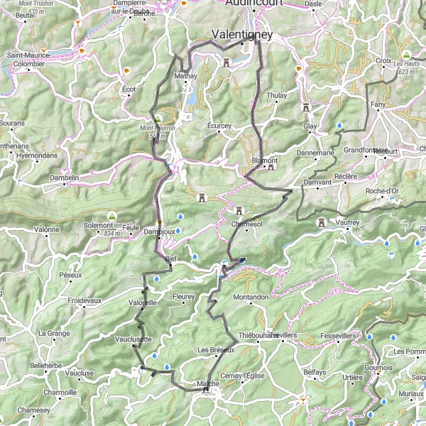 Miniature de la carte de l'inspiration cycliste "Escapade sur les Routes de Franche-Comté" dans la Franche-Comté, France. Générée par le planificateur d'itinéraire cycliste Tarmacs.app