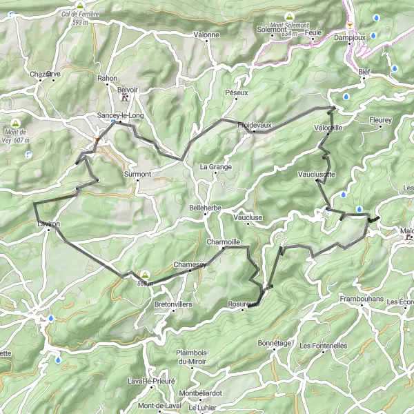 Map miniature of "Picturesque Rural Roads of Franche-Comté" cycling inspiration in Franche-Comté, France. Generated by Tarmacs.app cycling route planner