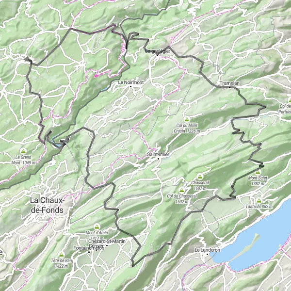 Miniature de la carte de l'inspiration cycliste "Évasion sur les Crêtes de Franche-Comté" dans la Franche-Comté, France. Générée par le planificateur d'itinéraire cycliste Tarmacs.app