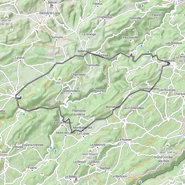 Miniature de la carte de l'inspiration cycliste "Boucle des Points de Vue" dans la Franche-Comté, France. Générée par le planificateur d'itinéraire cycliste Tarmacs.app