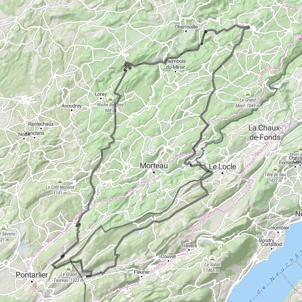 Miniature de la carte de l'inspiration cycliste "Boucle panoramique en Franche-Comté" dans la Franche-Comté, France. Générée par le planificateur d'itinéraire cycliste Tarmacs.app