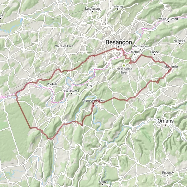 Miniature de la carte de l'inspiration cycliste "Boucle de Montrond en gravel" dans la Franche-Comté, France. Générée par le planificateur d'itinéraire cycliste Tarmacs.app