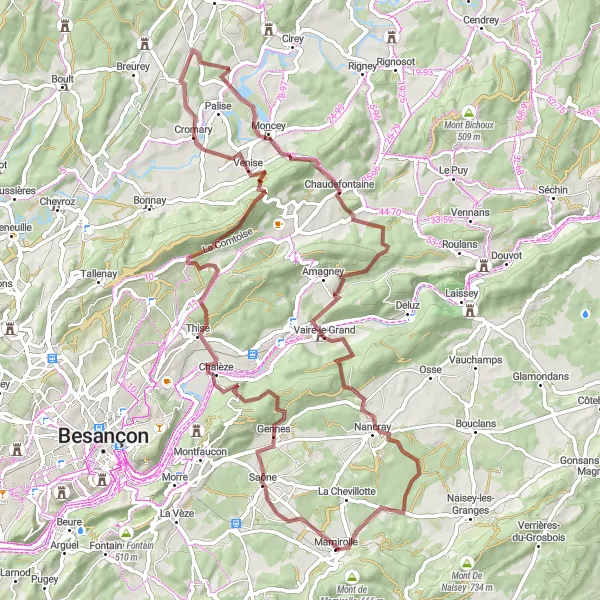 Map miniature of "Gravel Adventure" cycling inspiration in Franche-Comté, France. Generated by Tarmacs.app cycling route planner