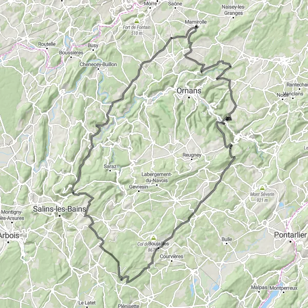 Miniature de la carte de l'inspiration cycliste "Parcours à travers les Gorges de la Lison" dans la Franche-Comté, France. Générée par le planificateur d'itinéraire cycliste Tarmacs.app