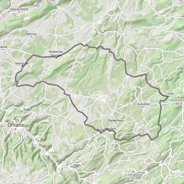 Miniature de la carte de l'inspiration cycliste "Boucle des Montagnes" dans la Franche-Comté, France. Générée par le planificateur d'itinéraire cycliste Tarmacs.app