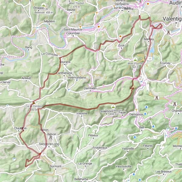 Miniature de la carte de l'inspiration cycliste "Tour des Montagnes Comtoises" dans la Franche-Comté, France. Générée par le planificateur d'itinéraire cycliste Tarmacs.app