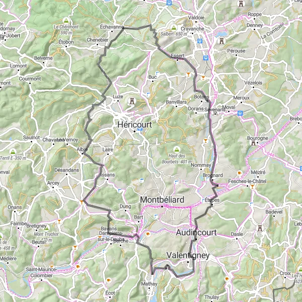 Map miniature of "Scenic Road Cycling: Rock to Mandeure" cycling inspiration in Franche-Comté, France. Generated by Tarmacs.app cycling route planner