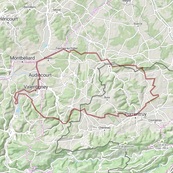 Miniature de la carte de l'inspiration cycliste "La Boucle du Jura Franche-Comté" dans la Franche-Comté, France. Générée par le planificateur d'itinéraire cycliste Tarmacs.app