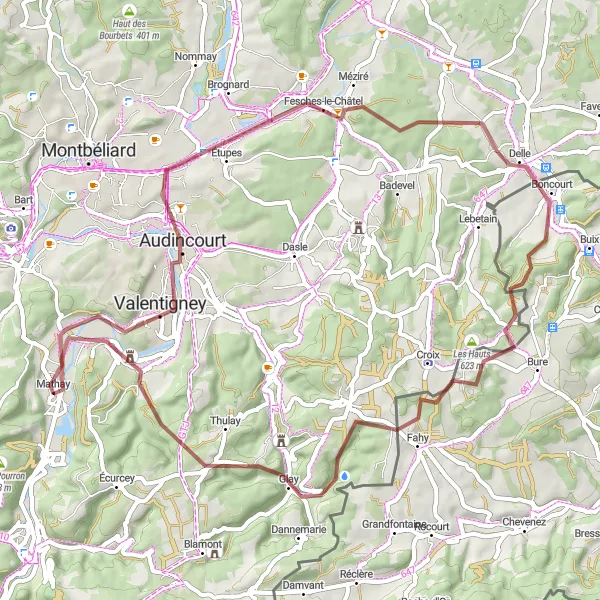Miniature de la carte de l'inspiration cycliste "La Boucle des Chemins de Terre" dans la Franche-Comté, France. Générée par le planificateur d'itinéraire cycliste Tarmacs.app