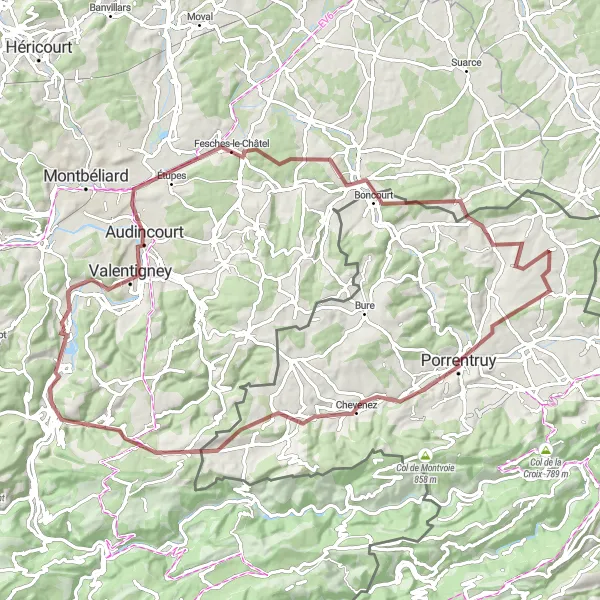 Miniature de la carte de l'inspiration cycliste "Le Tour des Vignobles et des Châteaux" dans la Franche-Comté, France. Générée par le planificateur d'itinéraire cycliste Tarmacs.app