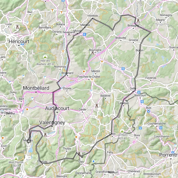 Miniature de la carte de l'inspiration cycliste "Le Circuit des Charmes Ruraux" dans la Franche-Comté, France. Générée par le planificateur d'itinéraire cycliste Tarmacs.app