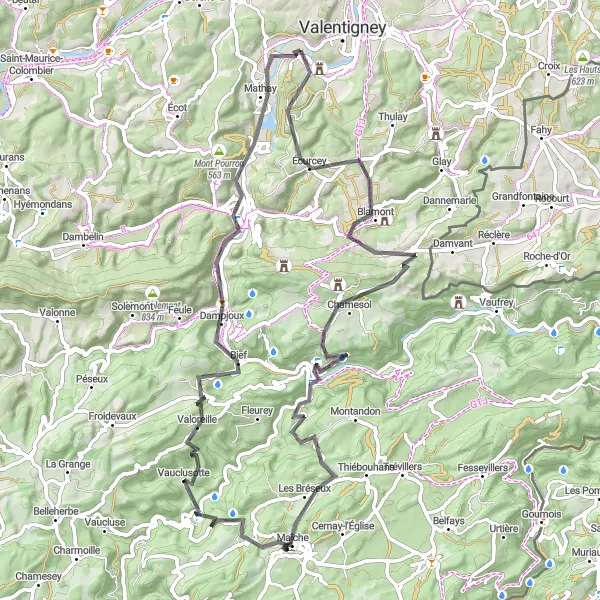 Miniature de la carte de l'inspiration cycliste "Le Tour des Collines Franches" dans la Franche-Comté, France. Générée par le planificateur d'itinéraire cycliste Tarmacs.app