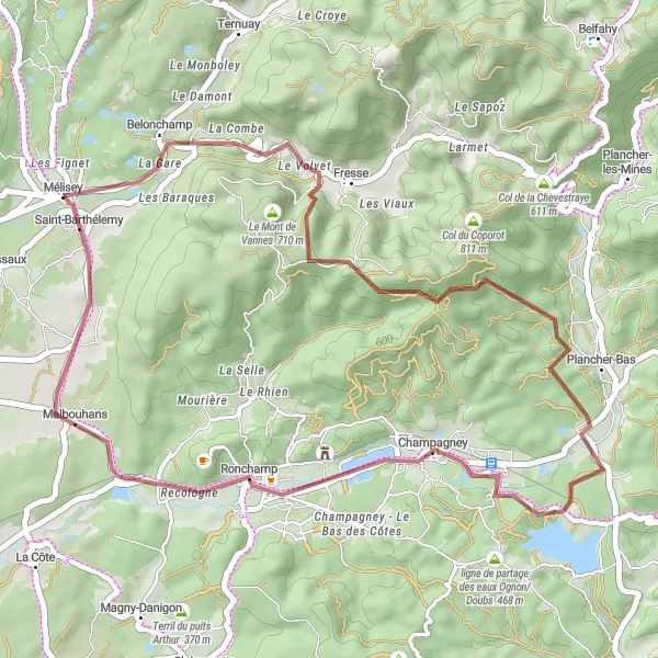 Map miniature of "Gravel biking through Belonchamp and Ronchamp" cycling inspiration in Franche-Comté, France. Generated by Tarmacs.app cycling route planner