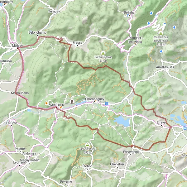 Map miniature of "Gravel adventure through Belonchamp and Ronchamp" cycling inspiration in Franche-Comté, France. Generated by Tarmacs.app cycling route planner