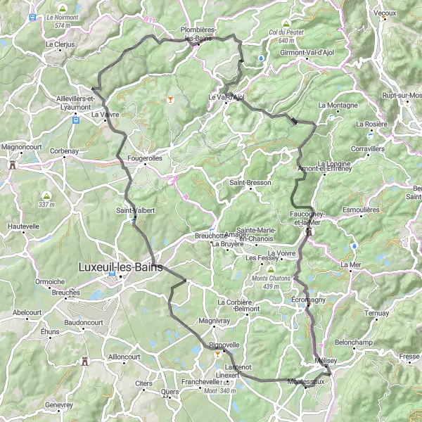 Map miniature of "Venturing into Montessaux and Plombières-les-Bains" cycling inspiration in Franche-Comté, France. Generated by Tarmacs.app cycling route planner