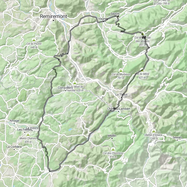 Miniature de la carte de l'inspiration cycliste "Défi des Cols de Franche-Comté" dans la Franche-Comté, France. Générée par le planificateur d'itinéraire cycliste Tarmacs.app