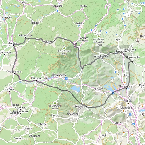 Map miniature of "The Vosges Road Loop" cycling inspiration in Franche-Comté, France. Generated by Tarmacs.app cycling route planner