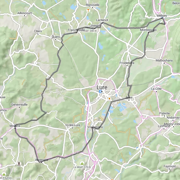 Map miniature of "Exploring the countryside of La Neuvelle-lès-Lure" cycling inspiration in Franche-Comté, France. Generated by Tarmacs.app cycling route planner