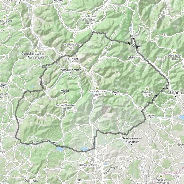 Map miniature of "The Vosges Mountain Challenge" cycling inspiration in Franche-Comté, France. Generated by Tarmacs.app cycling route planner