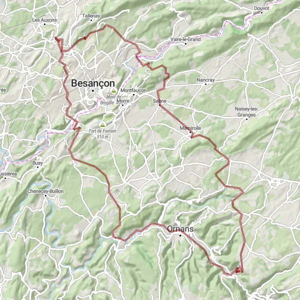 Miniature de la carte de l'inspiration cycliste "Parcours panoramique de Miserey-Salines" dans la Franche-Comté, France. Générée par le planificateur d'itinéraire cycliste Tarmacs.app