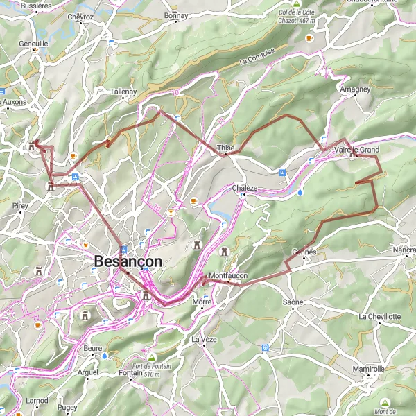 Miniature de la carte de l'inspiration cycliste "Les sentiers cachés de Franche-Comté en gravier" dans la Franche-Comté, France. Générée par le planificateur d'itinéraire cycliste Tarmacs.app