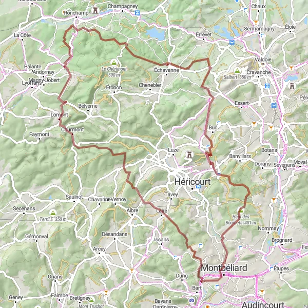 Miniature de la carte de l'inspiration cycliste "Le Tour Gravel de Champey-Bethoncourt" dans la Franche-Comté, France. Générée par le planificateur d'itinéraire cycliste Tarmacs.app