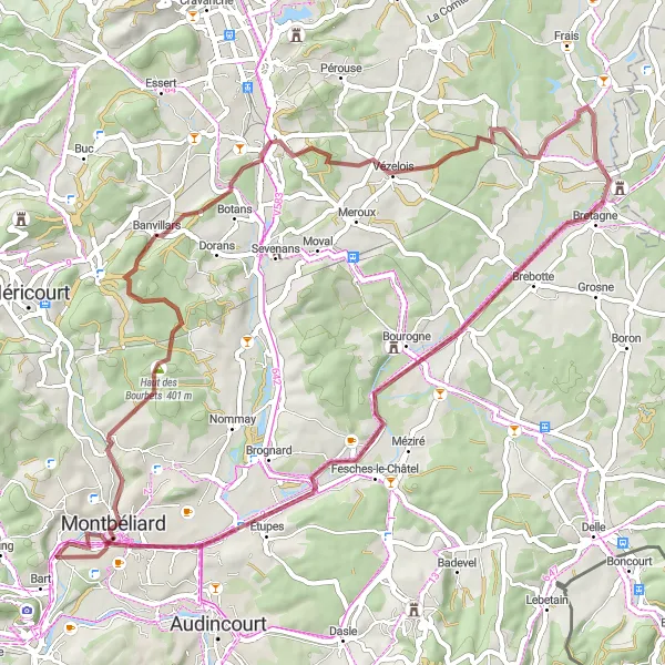 Miniature de la carte de l'inspiration cycliste "Randonnée Gravel Bethoncourt-Petit-Croix" dans la Franche-Comté, France. Générée par le planificateur d'itinéraire cycliste Tarmacs.app