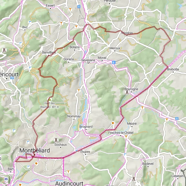 Miniature de la carte de l'inspiration cycliste "Parcours Gravel de Montbéliard à Sochaux" dans la Franche-Comté, France. Générée par le planificateur d'itinéraire cycliste Tarmacs.app