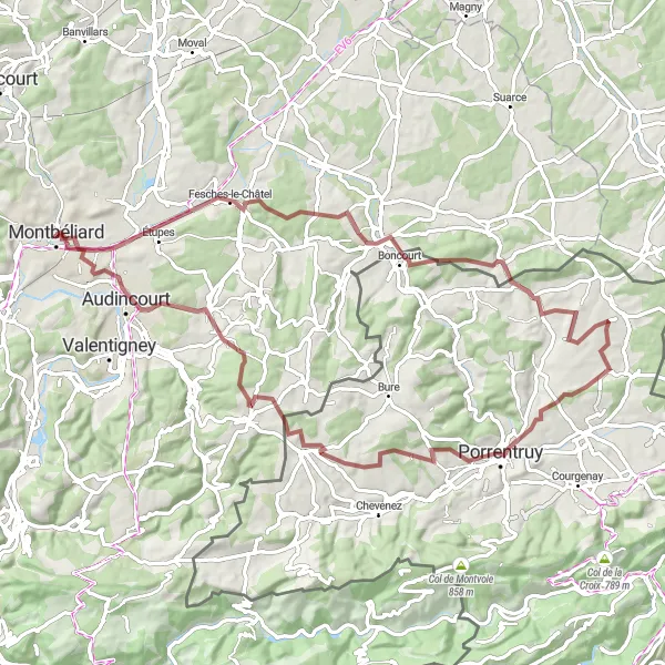 Miniature de la carte de l'inspiration cycliste "Le Circuit Gravel de Sochaux-Vendlincourt" dans la Franche-Comté, France. Générée par le planificateur d'itinéraire cycliste Tarmacs.app