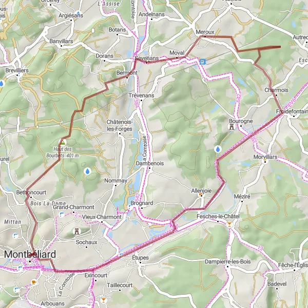 Map miniature of "Gravel Adventure" cycling inspiration in Franche-Comté, France. Generated by Tarmacs.app cycling route planner