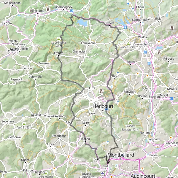Miniature de la carte de l'inspiration cycliste "Le Tour des Vallées" dans la Franche-Comté, France. Générée par le planificateur d'itinéraire cycliste Tarmacs.app