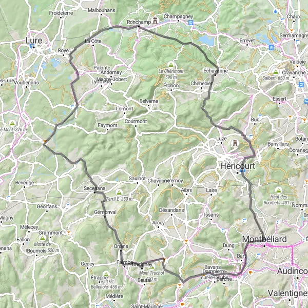 Map miniature of "Montbéliard Circuit" cycling inspiration in Franche-Comté, France. Generated by Tarmacs.app cycling route planner