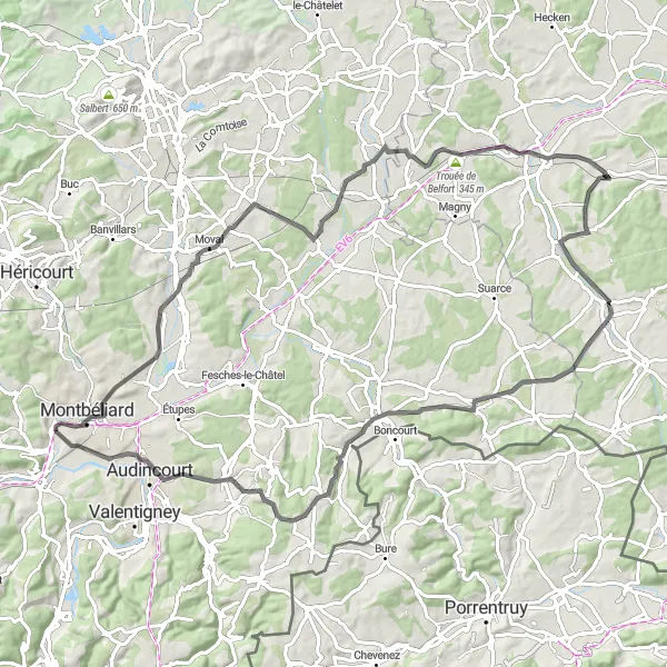 Miniature de la carte de l'inspiration cycliste "La Route des Forts" dans la Franche-Comté, France. Générée par le planificateur d'itinéraire cycliste Tarmacs.app