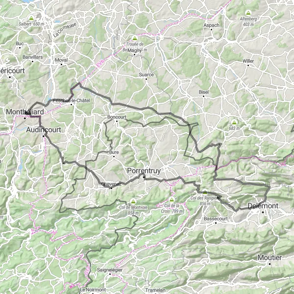 Map miniature of "The Bourogne Classic" cycling inspiration in Franche-Comté, France. Generated by Tarmacs.app cycling route planner