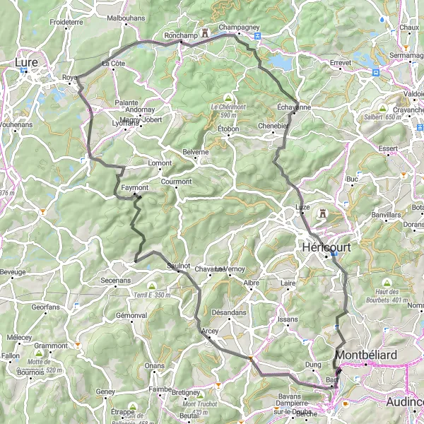 Map miniature of "Scenic Road Loop via Faymont" cycling inspiration in Franche-Comté, France. Generated by Tarmacs.app cycling route planner