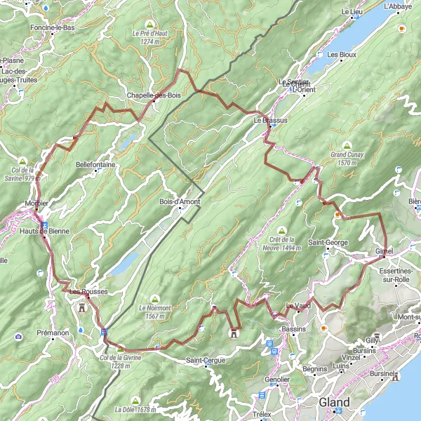 Miniature de la carte de l'inspiration cycliste "Parcours des Sommets Gravel" dans la Franche-Comté, France. Générée par le planificateur d'itinéraire cycliste Tarmacs.app