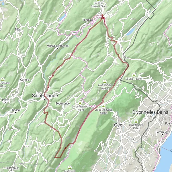 Map miniature of "Epic Gravel Adventure including Col de la Faucille" cycling inspiration in Franche-Comté, France. Generated by Tarmacs.app cycling route planner