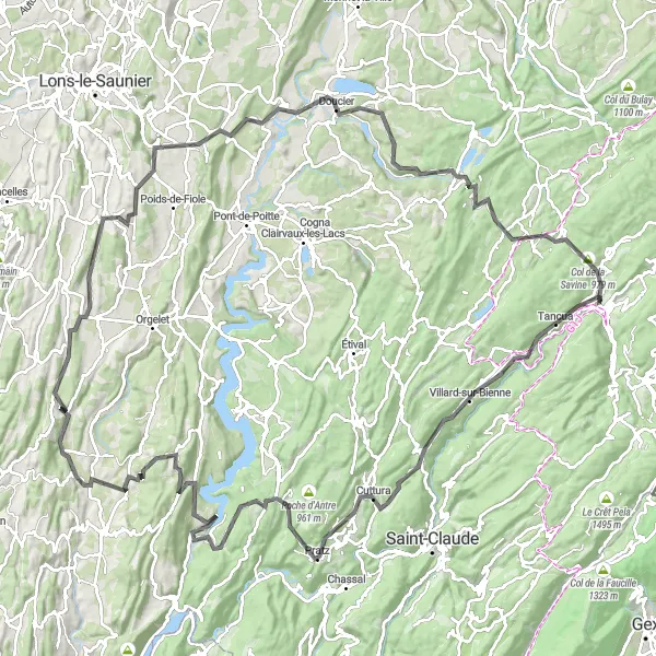 Map miniature of "Jura Mountain Challenge" cycling inspiration in Franche-Comté, France. Generated by Tarmacs.app cycling route planner