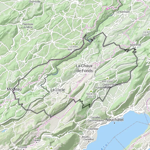 Miniature de la carte de l'inspiration cycliste "Les Routes du Haut-Doubs" dans la Franche-Comté, France. Générée par le planificateur d'itinéraire cycliste Tarmacs.app
