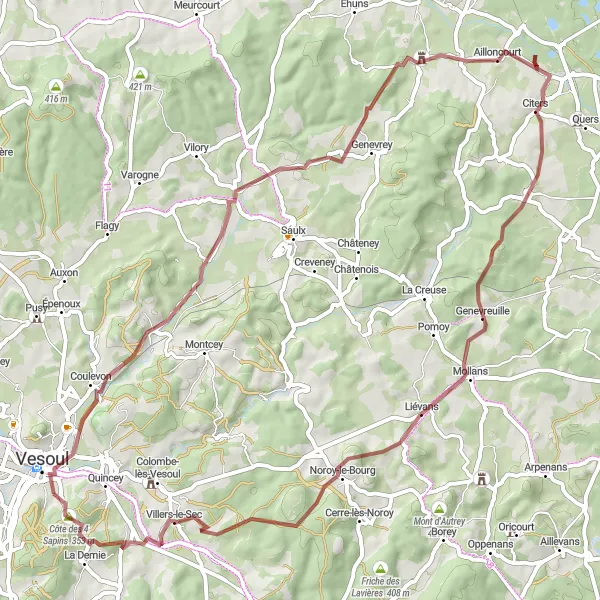 Miniature de la carte de l'inspiration cycliste "Boucle de La Villeneuve-Bellenoye-et-la-Maize" dans la Franche-Comté, France. Générée par le planificateur d'itinéraire cycliste Tarmacs.app