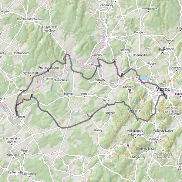 Miniature de la carte de l'inspiration cycliste "Parcours de Velle-le-Châtel" dans la Franche-Comté, France. Générée par le planificateur d'itinéraire cycliste Tarmacs.app