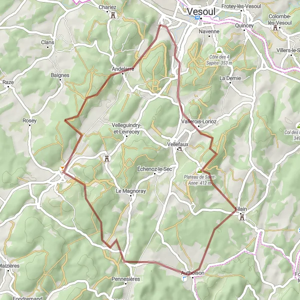 Miniature de la carte de l'inspiration cycliste "Parcours de vélo gravel autour de Noidans-lès-Vesoul" dans la Franche-Comté, France. Générée par le planificateur d'itinéraire cycliste Tarmacs.app