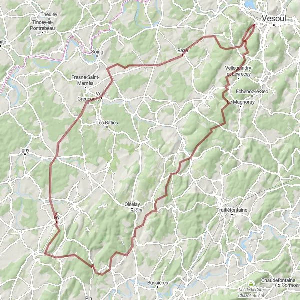Miniature de la carte de l'inspiration cycliste "Parcours de vélo gravel épique près de Noidans-lès-Vesoul" dans la Franche-Comté, France. Générée par le planificateur d'itinéraire cycliste Tarmacs.app