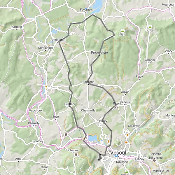 Map miniature of "Picturesque Short Road Trip from Noidans-lès-Vesoul" cycling inspiration in Franche-Comté, France. Generated by Tarmacs.app cycling route planner