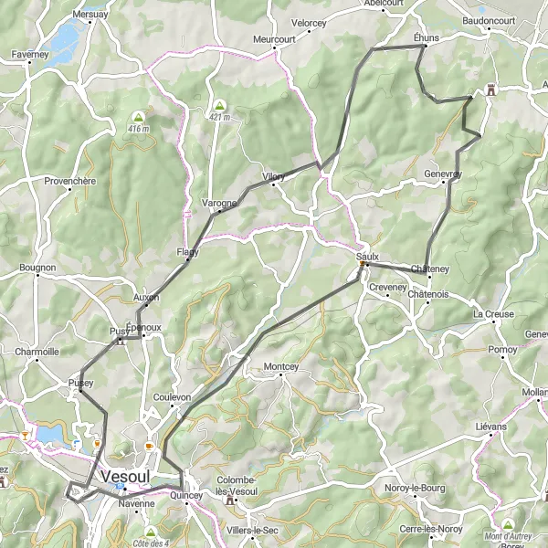 Miniature de la carte de l'inspiration cycliste "Boucle cycliste sur route aux environs de Noidans-lès-Vesoul" dans la Franche-Comté, France. Générée par le planificateur d'itinéraire cycliste Tarmacs.app
