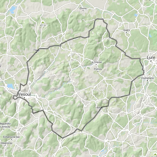 Miniature de la carte de l'inspiration cycliste "Boucle des Collines Verdoyantes" dans la Franche-Comté, France. Générée par le planificateur d'itinéraire cycliste Tarmacs.app