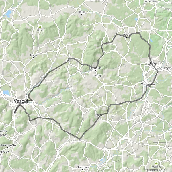 Miniature de la carte de l'inspiration cycliste "Circuit autours de Noidans-lès-Vesoul" dans la Franche-Comté, France. Générée par le planificateur d'itinéraire cycliste Tarmacs.app